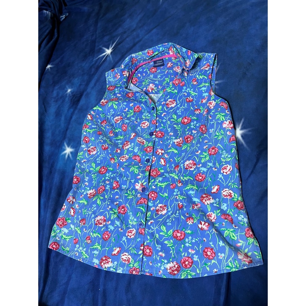 Basic Editions Blue Floral Sleeveless Button Down Shirt Small Cotton Blend